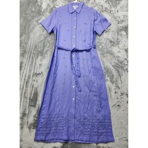 Vintage JA STUDIO Dress Womens L Purple Rami Rayon Blend Embroidered Belted Midi